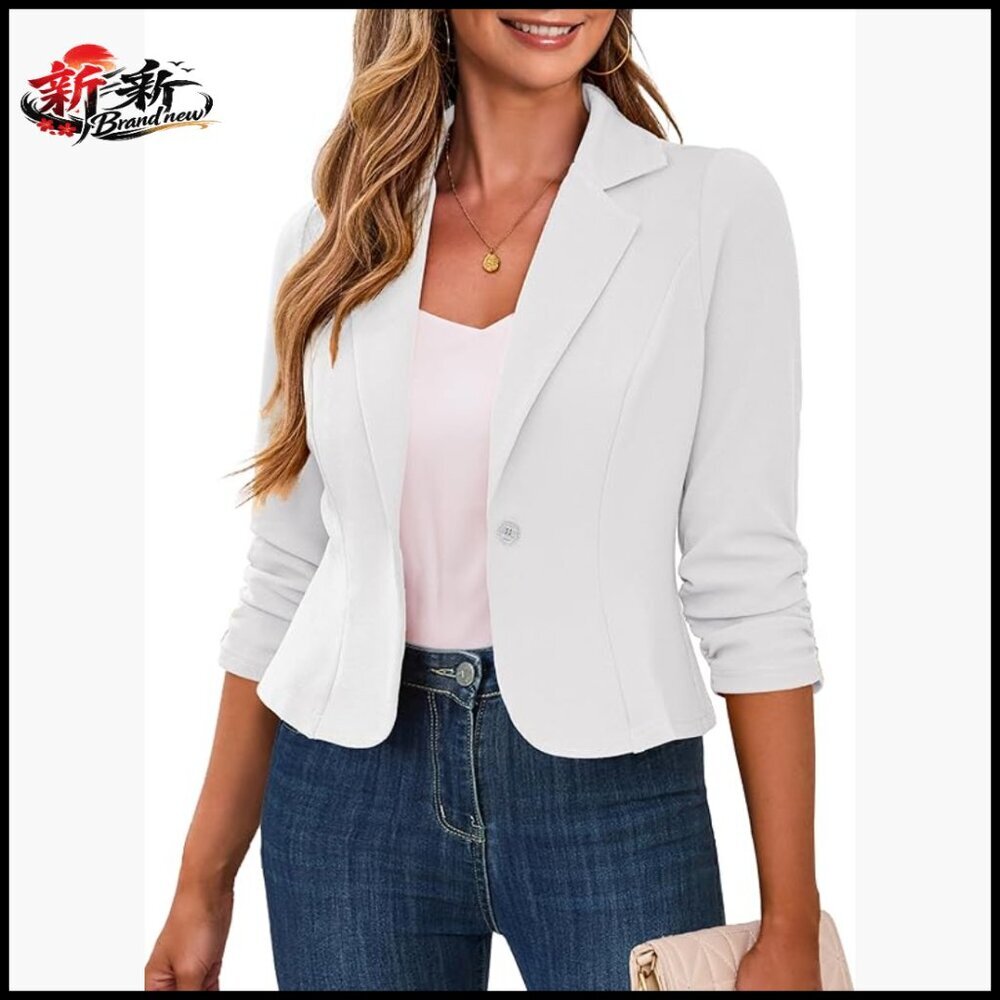 Cropped Blazer 3/4 Ruched Sleeve Lightweight Office Wear Polyester Elastane